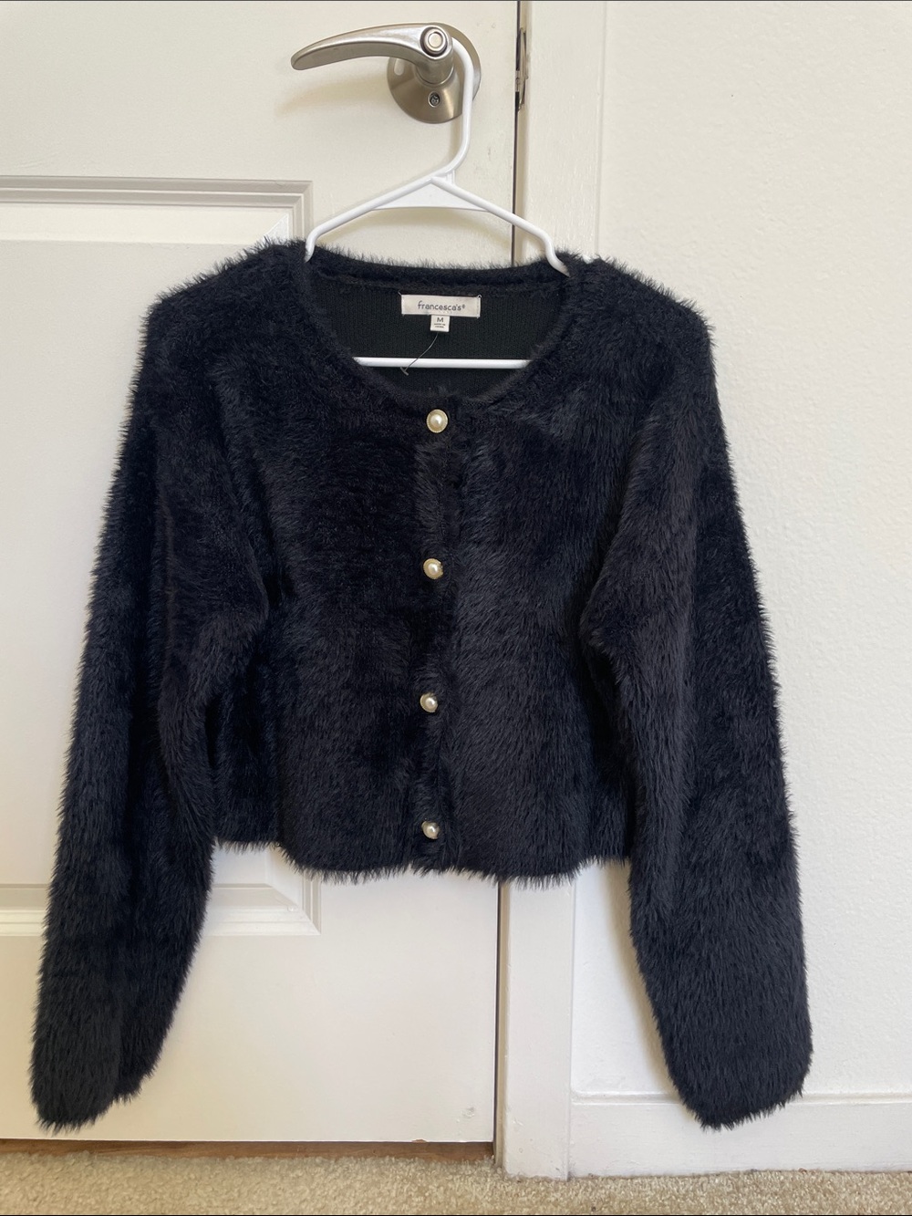 (Worn once) Francesca’s Fuzzy Pearl-Button Cropped Cardigan Jacket - Black